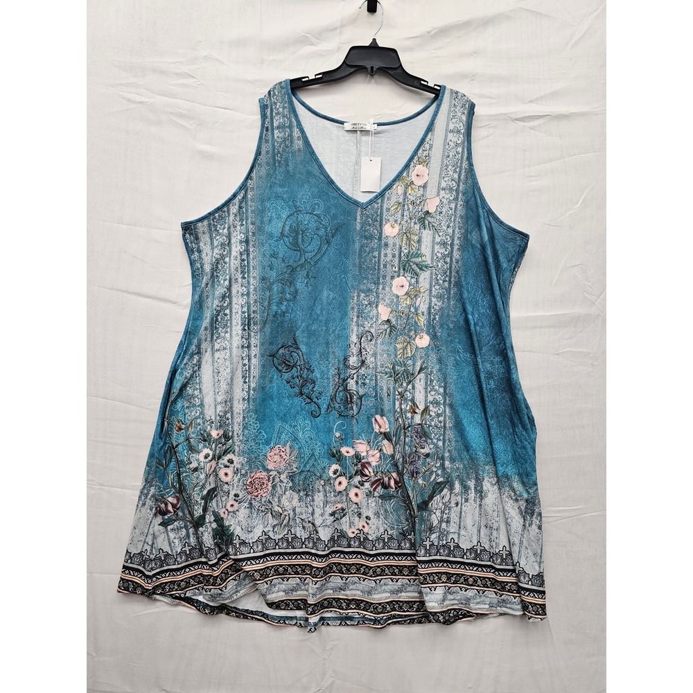 HBEYYTO Womens 5X‎ Blue Floral V-Neck Sleeveless Tunic Tank Top with Pockets NEW